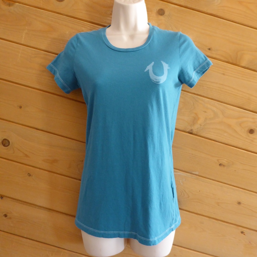 True Religion Light Teal Blue Logo Short Sleeve T-Shirt 100% Cotton Casual Top S